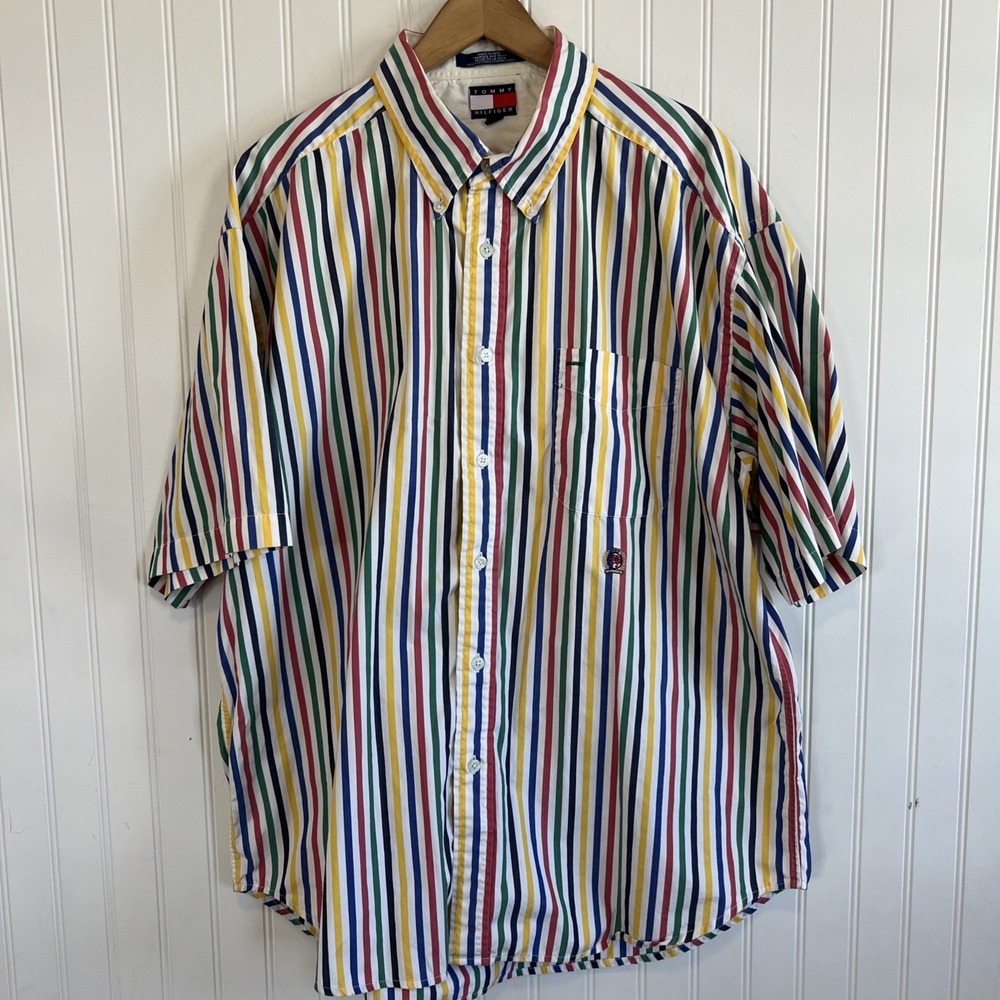 Vtg Tommy Hilfiger Men Extra Large Short Sleeve Button Down Striped Shirt